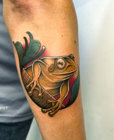 Hop into whimsical fantasy with this illustrative frog tattoo by Ben Prescott, merging old-school charm with a modern twist.